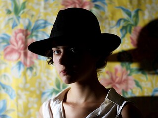 Wall Mural - Medium shot of black silhouette of a girl in a panama hat frame by torso, themed background 