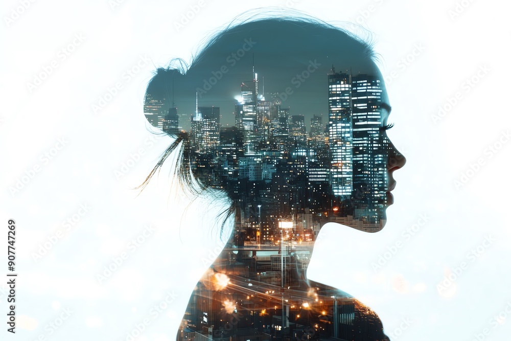 Double exposure portrait of a woman with cityscape overlay ...