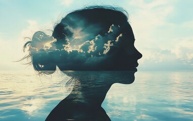 Silhouette of a woman with clouds and sky inside her head, representing freedom and mental peace.