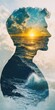 © Charoen - Double exposure portrait of a man with an ocean sunset inside his head.