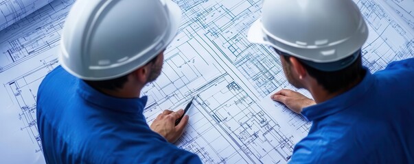 Engineers in blue uniforms and hard hats review architectural plans, discussing construction details on a blueprint layout.