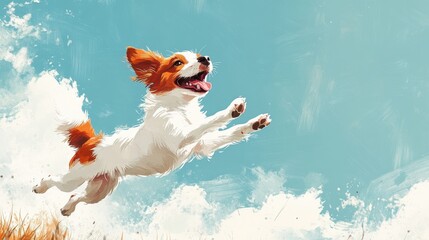 A happy dog leaps joyfully against a bright blue sky with fluffy white clouds.