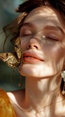 Wall Mural - Mesmerizing woman with closed eyes and butterfly on face. This serene portrait captures beauty in a soft, warm light. Ideal for fashion, nature, and beauty concepts. 