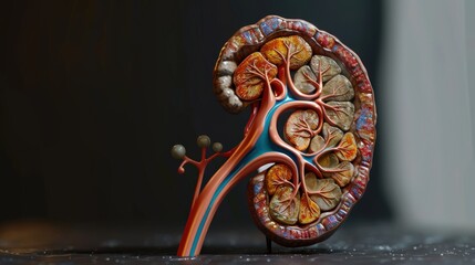 A model of a kidney is shown with its blood vessels and tubes