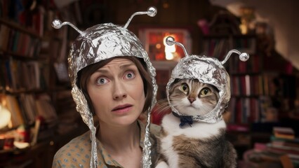 Canvas Print - A woman holding a cat wearing tin foil hats in front of bookshelves, AI