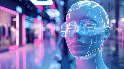 Digital portrait of a humanoid with neon lights. The image represents a futuristic concept of artificial intelligence and technology.