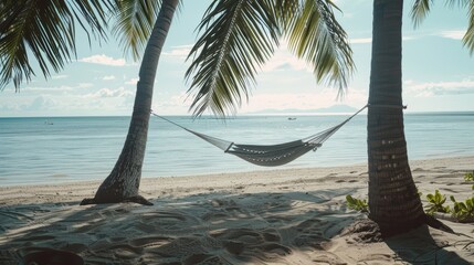 Empty hammock hanging between two palm trees on a tropical beach with turquoise water