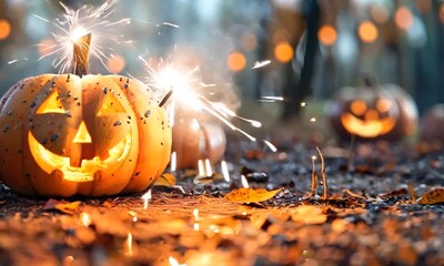 Poster - A group of pumpkins with a lit candle inside of them. The pumpkins are arranged in a row and are surrounded by leaves and dirt. Scene is spooky and festive, as it is a representation of Halloween