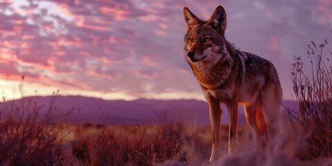 Wall Mural - Jackal in arid environment with dry vegetation at sunset.