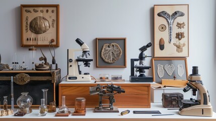 Wall Mural - Vintage Microscopes and Specimen Collection.