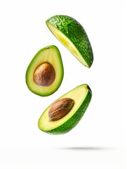 Wall Mural - Fresh Hass avocado composition floating against a white background. Healthy food, nutrition, and fresh produce concept. Close-up, vibrant, and clean design for culinary or lifestyle use. AI