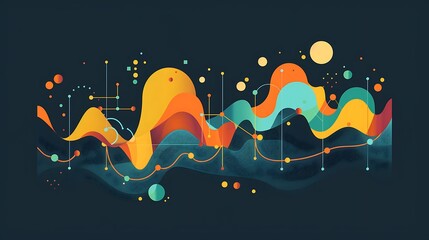 Wall Mural - Digital illustration featuring a colorful abstract design. It showcases geometric shapes, lines and curves, creating a vibrant and dynamic visual.