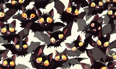 Poster - A bunch of cartoon bats with their eyes wide open. The bats are all black and are arranged in a pattern. Scene is playful and fun, as the bats are depicted as being surprised or scared