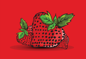 Three strawberries forming a heart on a RED background