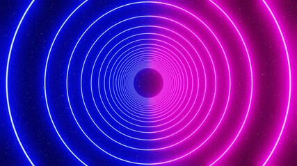 Wall Mural - 3d abstract futuristic neon blue and pink glowing laser circles in space cosmos. Wireframe grid shape VJ sci-fi retro tunnel. Spiritual illusion. Disco music template animation 30fps 4k loop