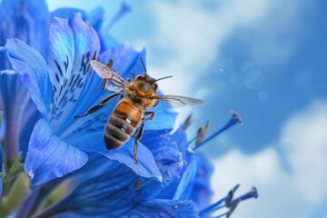 Bee pollinating blue flower. This image showcases the delicate interaction between a bee and a flower, highlighting the importance of pollination for nature.