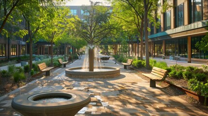 Wall Mural - Urban Oasis Fountain, Bench and Trees in a City Courtyard.