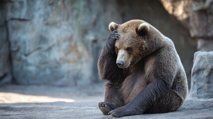 Wall Mural - A bear is sitting on the ground and looking down. The bear appears to be thinking or pondering something