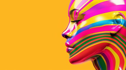 Wall Mural - A woman's face is painted with a rainbow of colors. The colors are bright and vibrant, creating a sense of energy and excitement. The woman's face is the main focus of the image