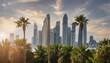 © MSohail - Palm-Spired Skyline Tall skyscrapers interspersed with palm trees against a backdrop of a vibrant city skyline.