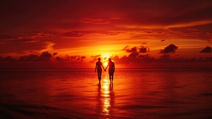 Capture the tranquility of a couple hand-in-hand, silhouetted against the fiery backdrop of a tropical sunset