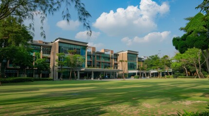 Wall Mural - Modern building with green grass lawn.