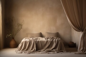 Poster - A beige linen curtain bed furniture textile.