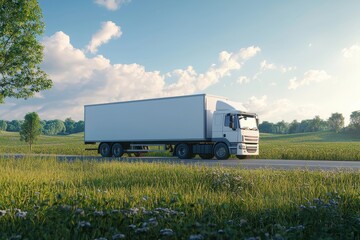 A white cargo truck driving through a scenic countryside landscape with a clear blue sky and fluffy clouds. Blank Truck Advertising Mockup.