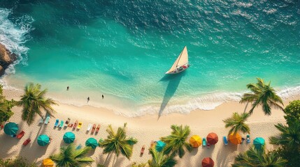 Wall Mural - Aerial View of Tropical Beach with Sailboat