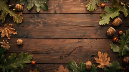 Poster - Top view of oak branch leaves acorns on wooden table with text space