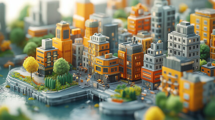 Wall Mural - isometric 3D city rendering city with canals, riverside cityscape, buildings and factories, city miniature, architecture 