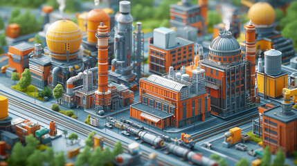 Wall Mural - isometric 3D city rendering city with canals, riverside cityscape, buildings and factories, city miniature, architecture 