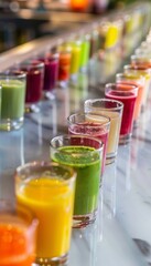 Wall Mural - Vibrant Detox Juice Shots Lined Up with Labeled Ingredients for Health and Wellness Photography