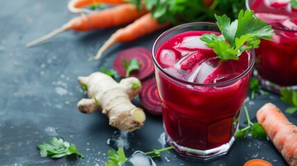 Wall Mural - Refreshing Beetroot, Carrot, and Ginger Detox Juice with Ice and Parsley Garnish