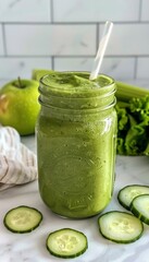 Wall Mural - Fresh Green Smoothie in Mason Jar with Cucumber, Celery, and Apple for Healthy Lifestyle Inspiration