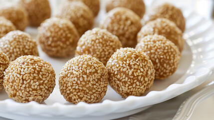 Wall Mural - Round sesame balls with crisp exterior on a white serving dish