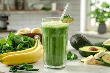 Wall Mural - Fresh Green Smoothie in a Sunny Kitchen with Bananas, Avocados, and Leafy Greens