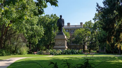 Wall Mural - Statue in a Park with Trees and a Building.