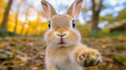 A baby rabbit with soft fur and big eyes extends its front paws, snapping a charming selfie with a fish-eye lens and a looped background that is not very blurry