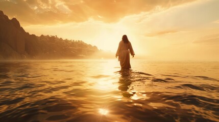 Canvas Print - Man Walking on Water at Sunset