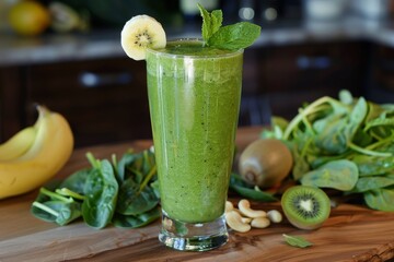 Wall Mural - Vibrant Green Smoothie with Spinach, Banana, and Almond Milk - Perfect for Fresh, Healthy Eating Designs