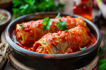 Wall Mural - Stuffed cabbage leaves. Cabbage wraps. Chou farci, dolma, sarma, golubtsy or golabki with minced meat and rice. 