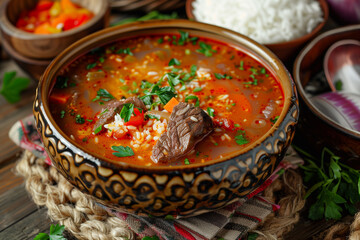 Wall Mural - Georgian Kharcho lamb meat soup. Georgian cuisine.