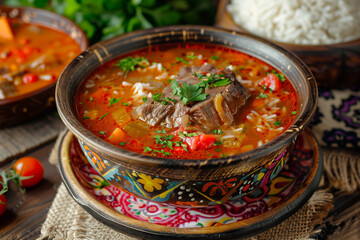 Wall Mural - Georgian Kharcho lamb meat soup. Georgian cuisine.