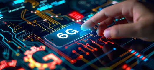 A hand touching a digital icon of gears with 