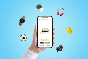 Poster - E-commerce app on a smartphone with products flying around. Online shopping and digital retail concept
