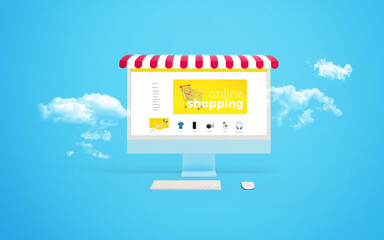 Poster - Online shopping composition featuring a computer display surrounded by clouds and a red awning, showcasing an e-commerce web page