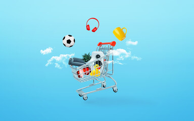 Poster - Shopping cart with products floating among clouds. Concept of online shopping and cloud-based retail experience