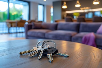 Real estate concept, keys on table in a modern living room interior with an open kitchen