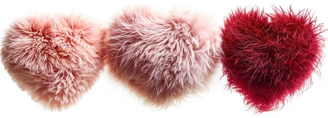 3 set of pink and red heart shape fluffy fur isolated on white background